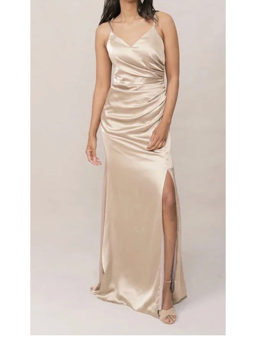 Revelry Rory Satin Bridesmaid Gown Gold Champagne Ruched Slit Maxi Dress Size 10